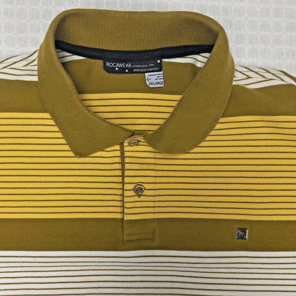 Rocawear Mens 2XL Striped Polo Shirt‎ Mustard Yellow Olive Green Y2K Streetwear